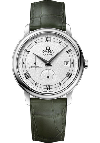 omega-de-ville-prestige-co-axial-power-reserve-watch-39-5-mm-steel-case-white-silvery-dial-hunter-green-leather-strap-424-13-40-21-02-004