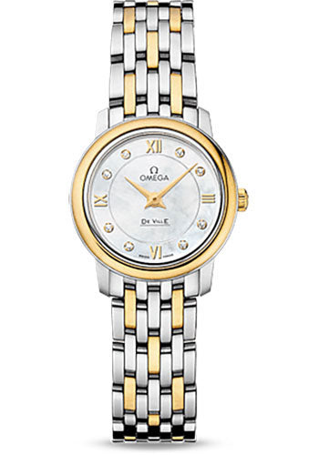 omega-de-ville-prestige-quartz-watch-24-4-mm-steel-case-yellow-gold-bezel-mother-of-pearl-diamond-dial-yellow-gold-bracelet-424-20-24-60-55-001