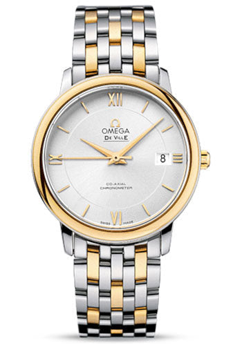 omega-de-ville-prestige-co-axial-watch-36-8-mm-steel-case-yellow-gold-bezel-silver-dial-yellow-gold-bracelet-424-20-37-20-02-001