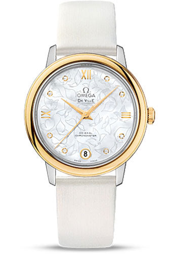 omega-de-ville-prestige-co-axial-watch-32-7-mm-steel-case-yellow-gold-bezel-mother-of-pearl-diamond-dial-white-satin-brushed-leather-strap-424-22-33-20-55-002