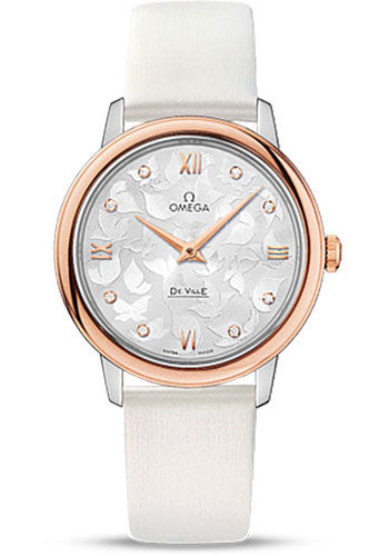 omega-de-ville-prestige-quartz-watch-32-7-mm-steel-case-red-gold-bezel-silver-diamond-dial-white-satin-brushed-leather-strap-424-22-33-60-52-001