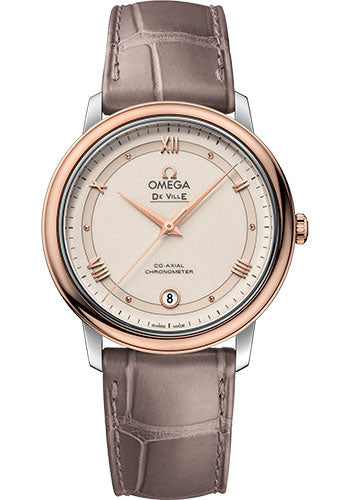 omega-de-ville-prestige-co-axial-watch-36-8-mm-steel-and-red-gold-case-varnished-shimmer-ivory-beige-dial-taupe-brown-leather-strap-424-23-37-20-09-001