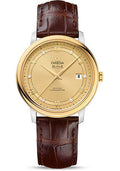 omega-de-ville-prestige-co-axial-watch-39-5-mm-steel-case-yellow-gold-bezel-champagne-diamond-dial-brown-leather-strap-424-23-40-20-58-001