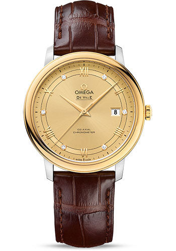omega-de-ville-prestige-co-axial-watch-39-5-mm-steel-case-yellow-gold-bezel-champagne-diamond-dial-brown-leather-strap-424-23-40-20-58-001
