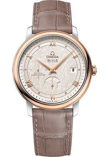 omega-de-ville-prestige-co-axial-power-reserve-watch-39-5-mm-steel-and-red-gold-case-ivory-silvery-dial-taupe-brown-leather-strap-424-23-40-21-02-001