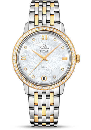 omega-de-ville-prestige-co-axial-watch-32-7-mm-steel-case-diamond-set-yellow-gold-bezel-mother-of-pearl-diamond-dial-yellow-gold-steel-bracelet-424-25-33-20-55-004