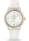 omega-de-ville-prestige-co-axial-watch-32-7-mm-steel-case-diamond-set-yellow-gold-bezel-mother-of-pearl-diamond-dial-white-satin-brushed-leather-strap-424-27-33-20-55-002