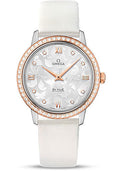 omega-de-ville-prestige-quartz-watch-32-7-mm-steel-case-diamond-set-red-gold-bezel-silver-diamond-dial-white-satin-brushed-leather-strap-424-27-33-60-52-001