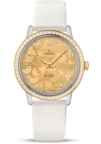 omega-de-ville-prestige-quartz-watch-32-7-mm-steel-case-diamond-set-yellow-gold-bezel-champagne-diamond-dial-white-satin-brushed-leather-strap-424-27-33-60-58-001