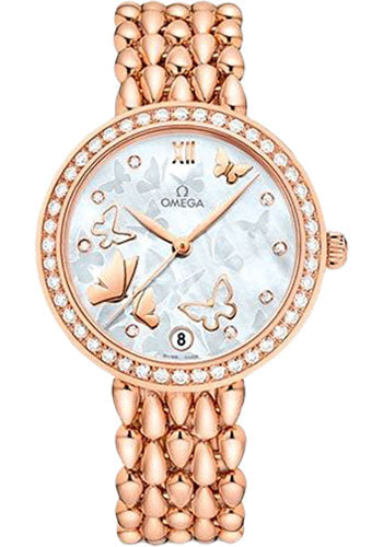 omega-de-ville-prestige-co-axial-dewdrop-watch-32-7-mm-red-gold-case-delicate-diamond-set-bezel-ornate-dial-424-55-33-20-55-006