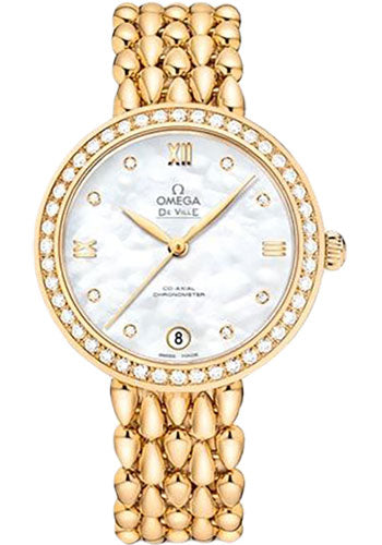 omega-de-ville-prestige-co-axial-dewdrop-watch-32-7-mm-yellow-gold-case-radiant-diamond-set-bezel-ornate-dial-424-55-33-20-55-009