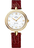 omega-de-ville-prestige-quartz-dewdrop-watch-27-4-mm-yellow-gold-case-radiant-diamond-paved-bezel-mother-of-pearl-dial-red-leather-strap-424-58-27-60-55-001