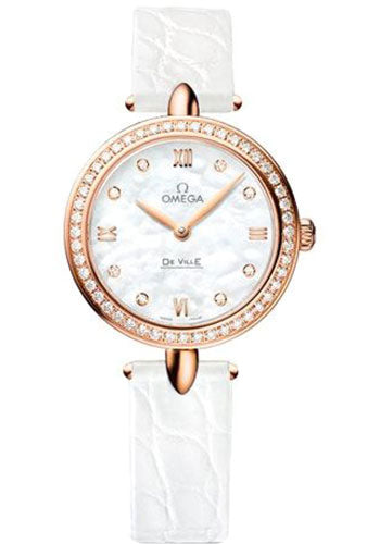 omega-de-ville-prestige-quartz-dewdrop-watch-27-4-mm-red-gold-case-radiant-diamond-paved-bezel-mother-of-pearl-dial-white-leather-strap-424-58-27-60-55-002
