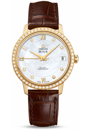 omega-de-ville-prestige-co-axial-watch-32-7-mm-yellow-gold-case-diamond-bezel-mother-of-pearl-diamond-dial-brown-leather-strap-424-58-33-20-55-002