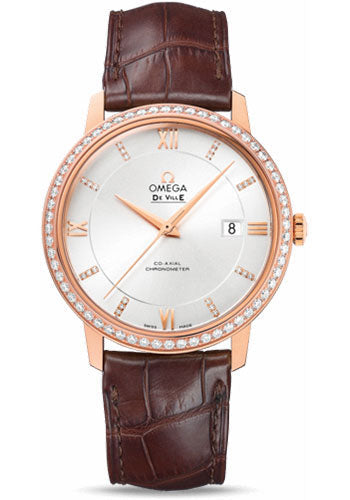 omega-de-ville-prestige-co-axial-watch-39-5-mm-red-gold-case-diamond-bezel-silver-diamond-dial-brown-leather-strap-424-58-40-20-52-002