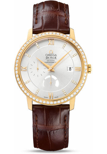 omega-de-ville-prestige-power-reserver-co-axial-watch-39-5-mm-yellow-gold-case-diamond-bezel-silver-diamond-dial-brown-leather-strap-424-58-40-21-52-001
