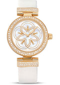 omega-ladies-de-ville-ladymatic-watch-34-mm-yellow-gold-case-snow-set-diamond-paved-bezel-mother-of-pearl-marquetry-diamond-dial-white-leather-strap-425-67-34-20-55-005