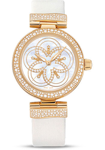 omega-ladies-de-ville-ladymatic-watch-34-mm-yellow-gold-case-snow-set-diamond-paved-bezel-mother-of-pearl-marquetry-diamond-dial-white-leather-strap-425-67-34-20-55-005