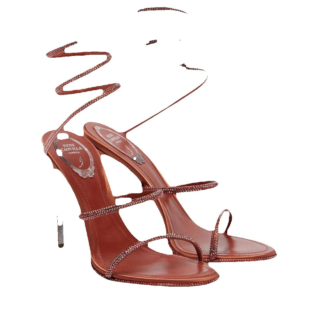 RENÉ CAOVILLA CLEO 105MM BAGUETTE CRYSTAL SATIN SNAKE-WRAP SANDAL RUST & TERRACOTTA