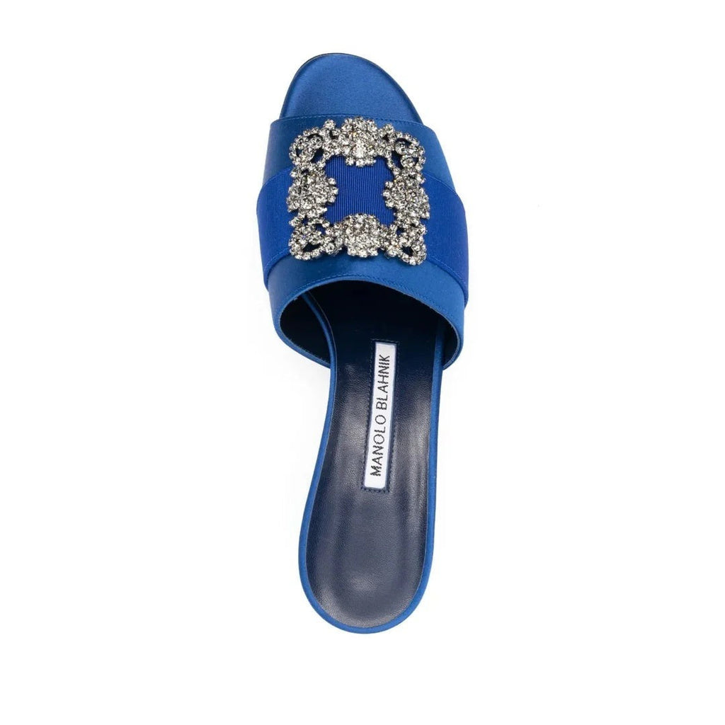 MANOLO BLAHNIK MARTANEW SATIN MULES WITH CRYSTAL BUCKLE BLUE