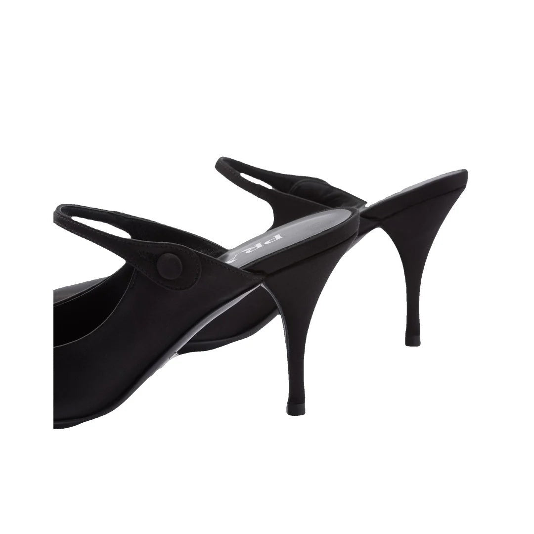 PRADA MULES EN CUIR BLACK SATIN SLINGBACK