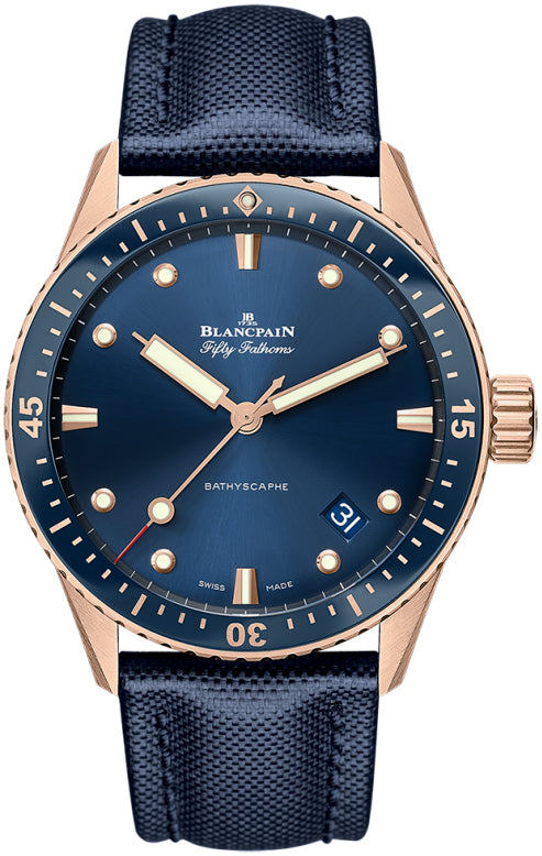 blancpain-fifty-fathoms-bathyscaphe-sedna-gold-blue-canvas-menos-watch-5000-36s40-o52a