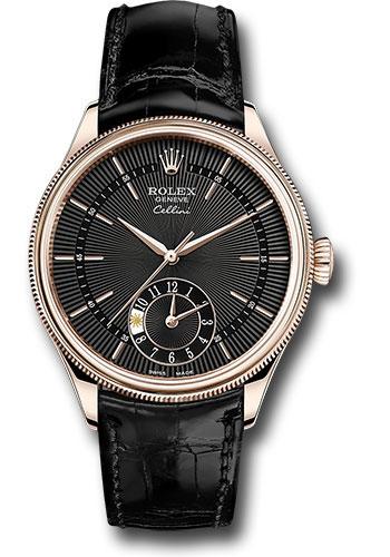 rolex-cellini-dual-time-watch-everose-gold-black-dial-black-leather-strap-50525-bkbk