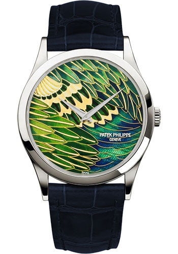 patek-philippe-calatrava-rare-handcrafts-38mm-platinum-case-cloisonne-peacock-feather-dial-dark-blue-strap-5077p-089