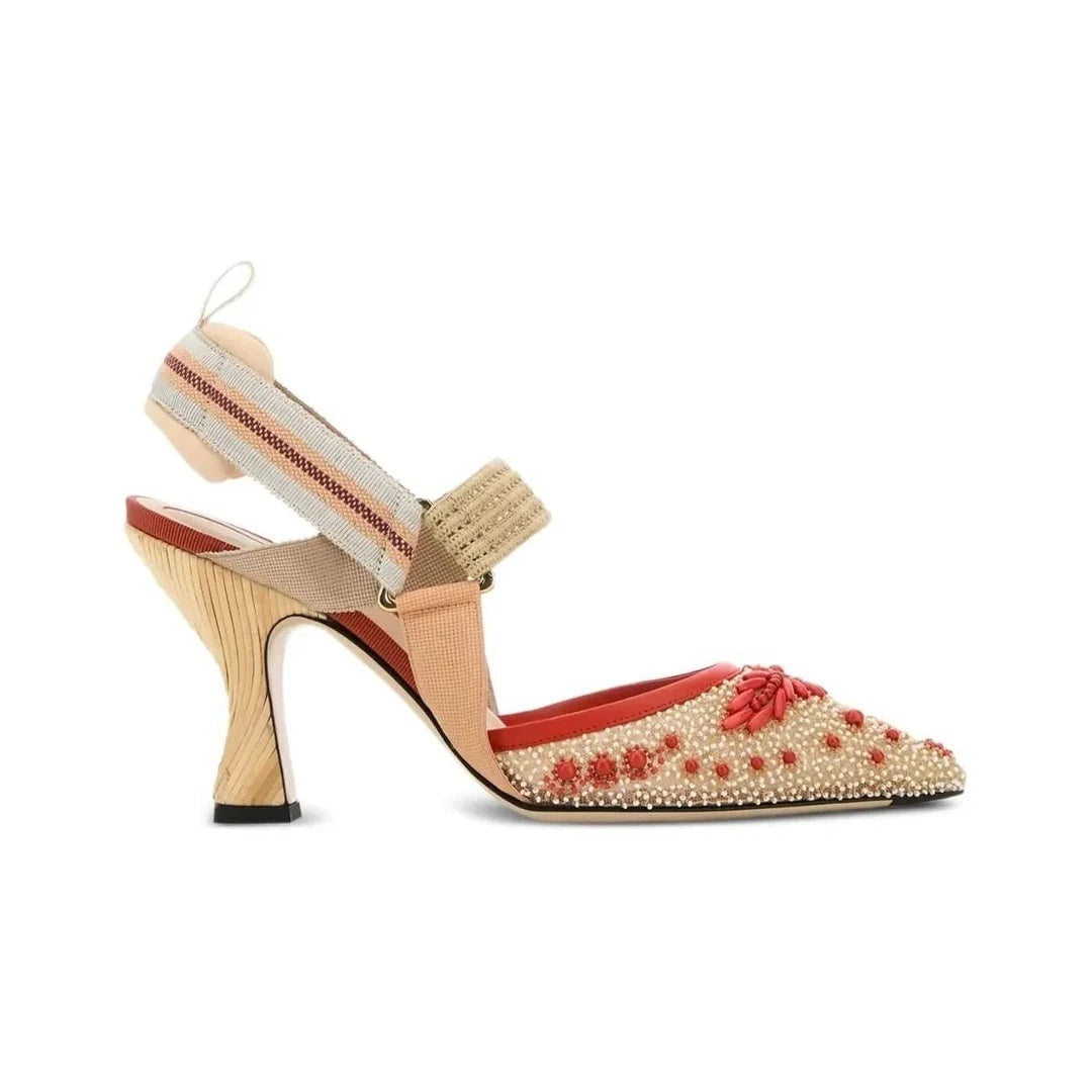 FENDI 85MM COLIBRÌ LEATHER SLINGBACK PUMPS PINK BEIGE & RED