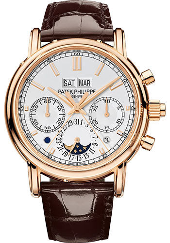 patek-philippe-grand-complications-split-seconds-chronograph-pertetual-calendar-watch-40-2mm-rose-gold-case-silver-dial-chocolate-strap-5204r-001