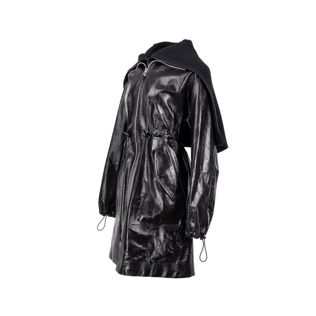 bottega-veneta-size-xs-pre-fall-2020-hooded-shell-trimmed-coat-shiny-lamb-leather-black