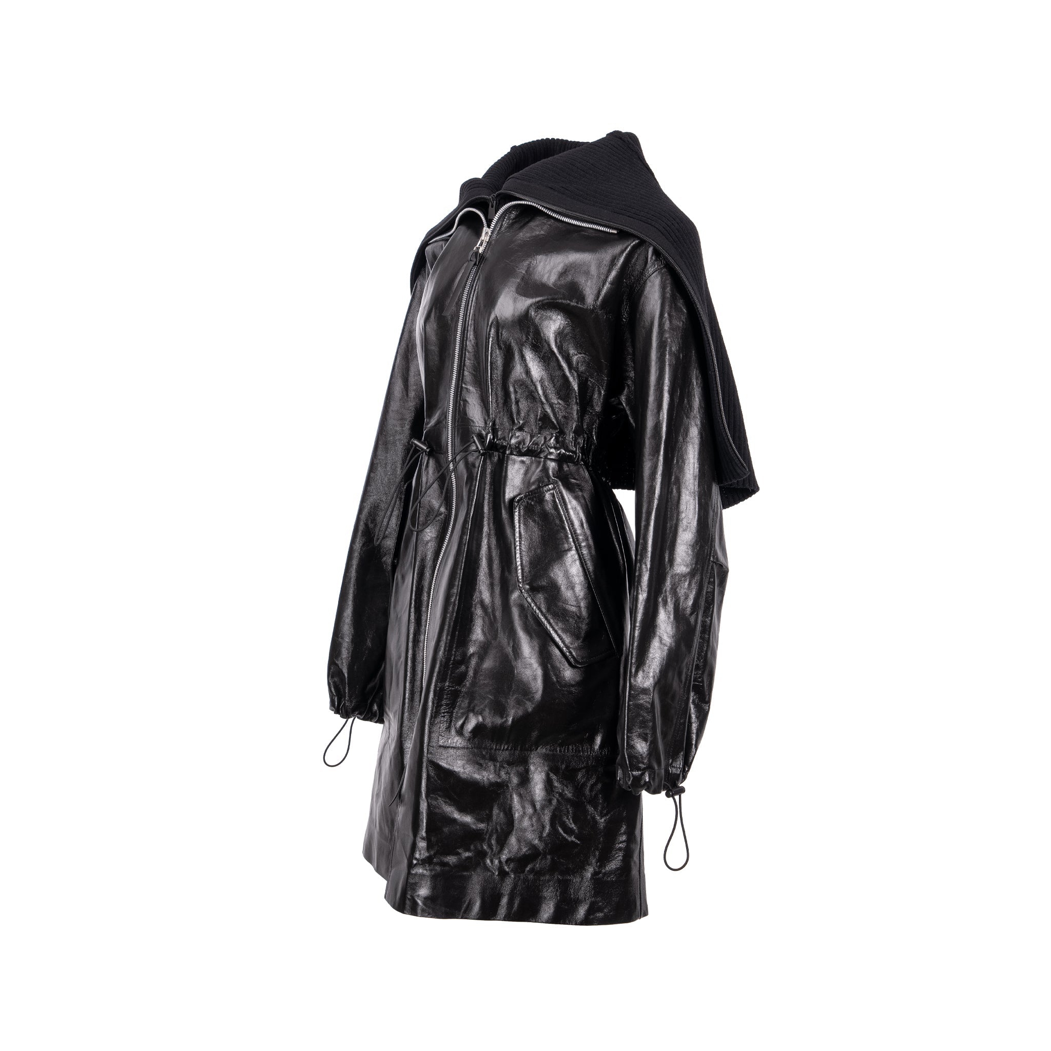 bottega-veneta-size-xs-pre-fall-2020-hooded-shell-trimmed-coat-shiny-lamb-leather-black