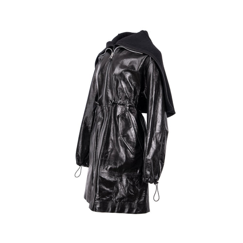 bottega-veneta-size-xs-pre-fall-2020-hooded-shell-trimmed-coat-shiny-lamb-leather-black