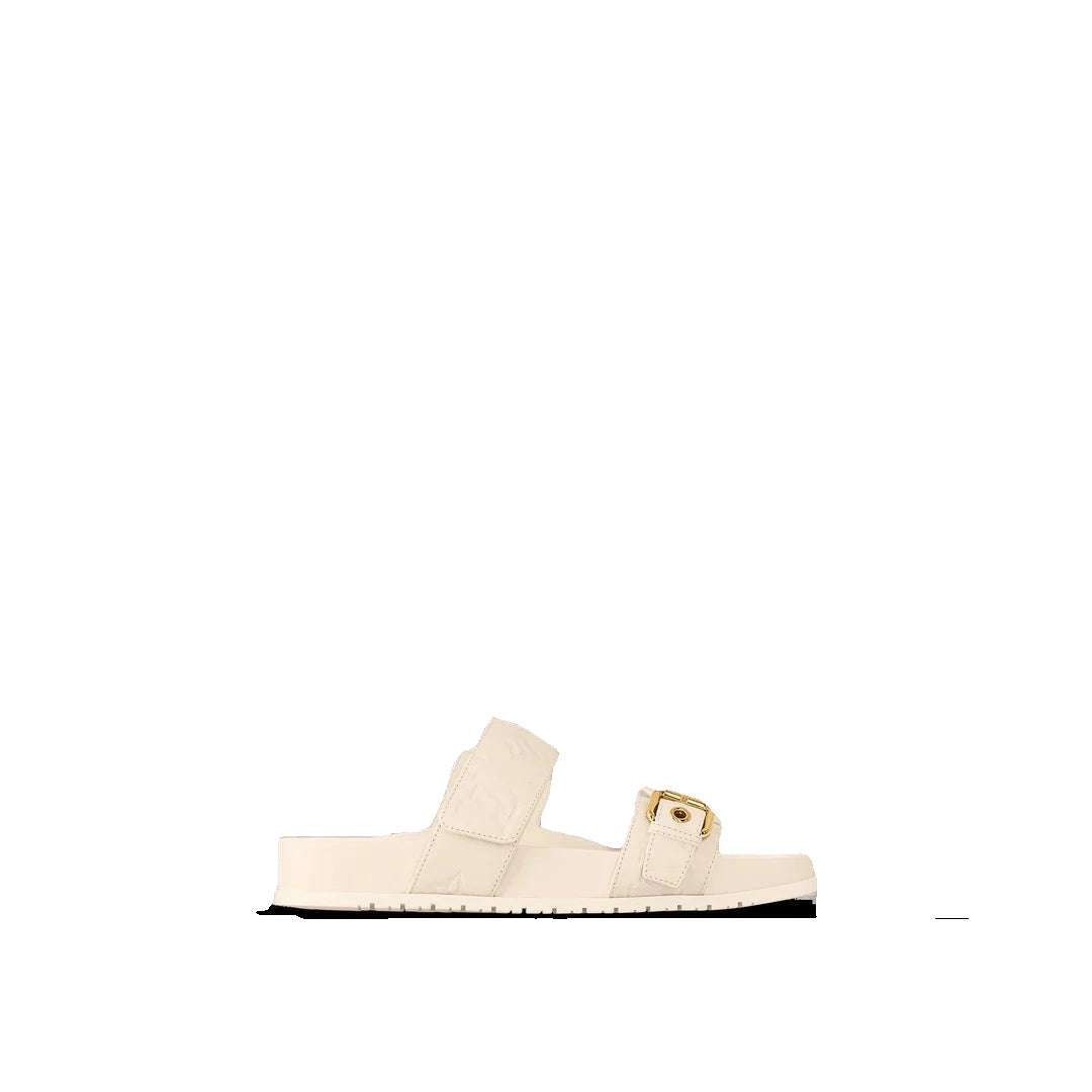 LOUIS VUITTON PATENT MONOGRAM BOM DIA FLAT MULE SANDAL CREAM & WHITE