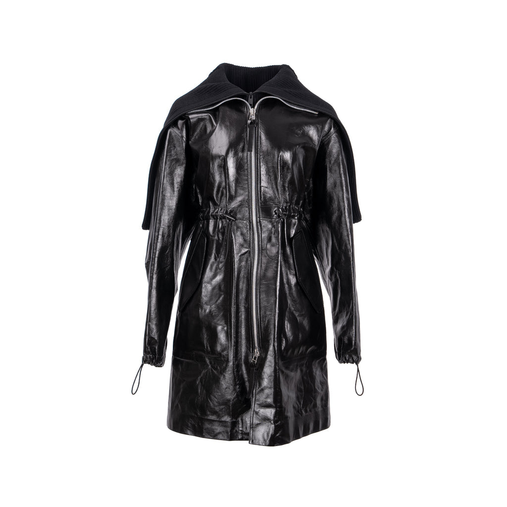 bottega-veneta-size-xs-pre-fall-2020-hooded-shell-trimmed-coat-shiny-lamb-leather-black