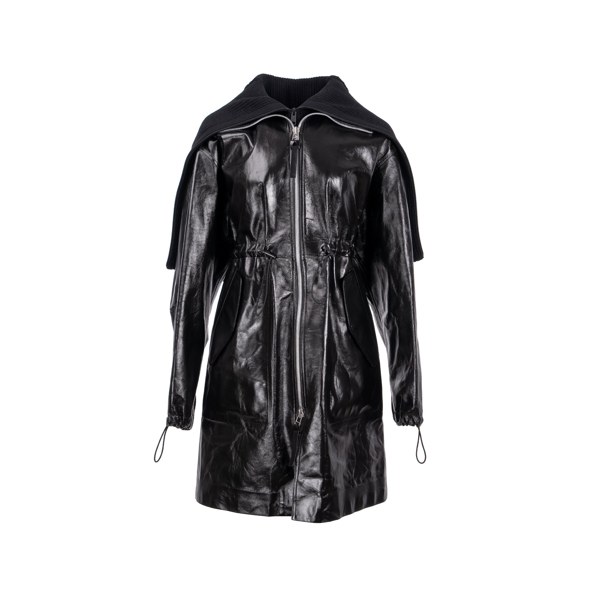 bottega-veneta-size-xs-pre-fall-2020-hooded-shell-trimmed-coat-shiny-lamb-leather-black