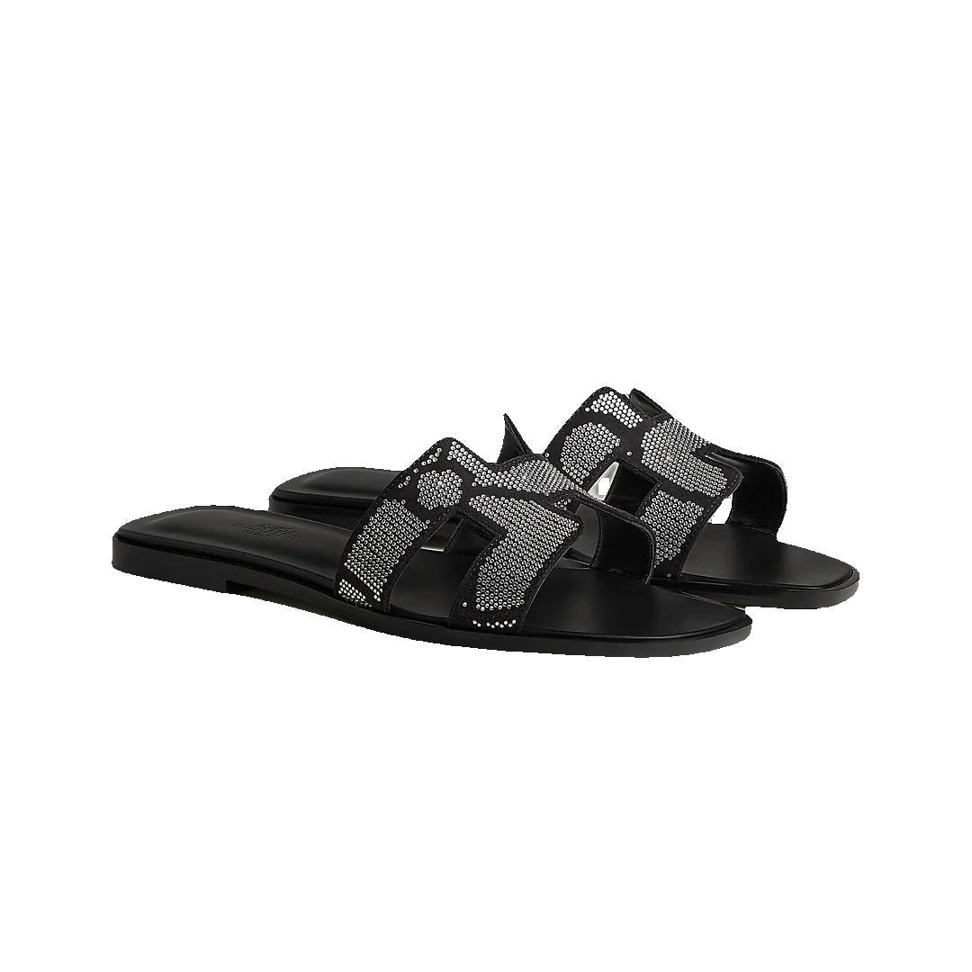 HERMÈS HERMES EPSOM ORAN SANDAL BLACK WITH MESH & CRYSTAL PATTERN