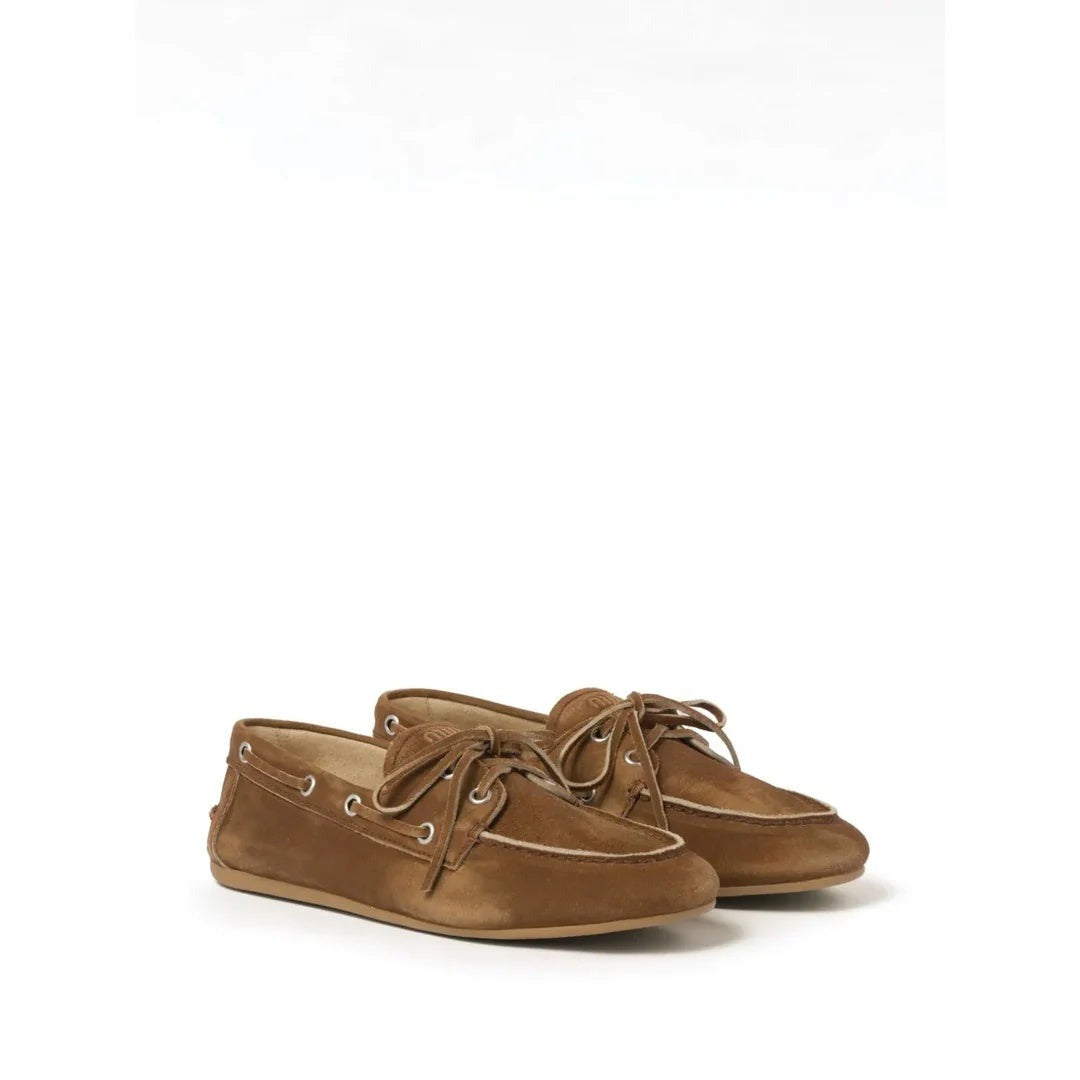 MIU MIU BRUSHED LEATHER SLINGBACK LOAFERS TAN & SUEDE