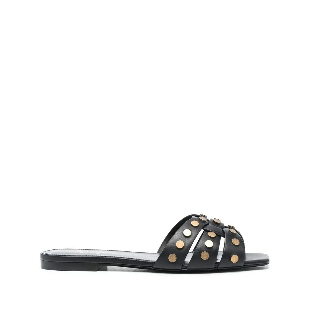 SAINT LAURENT TRIBUTE FLAT SANDALS BLACK (STUDDED)