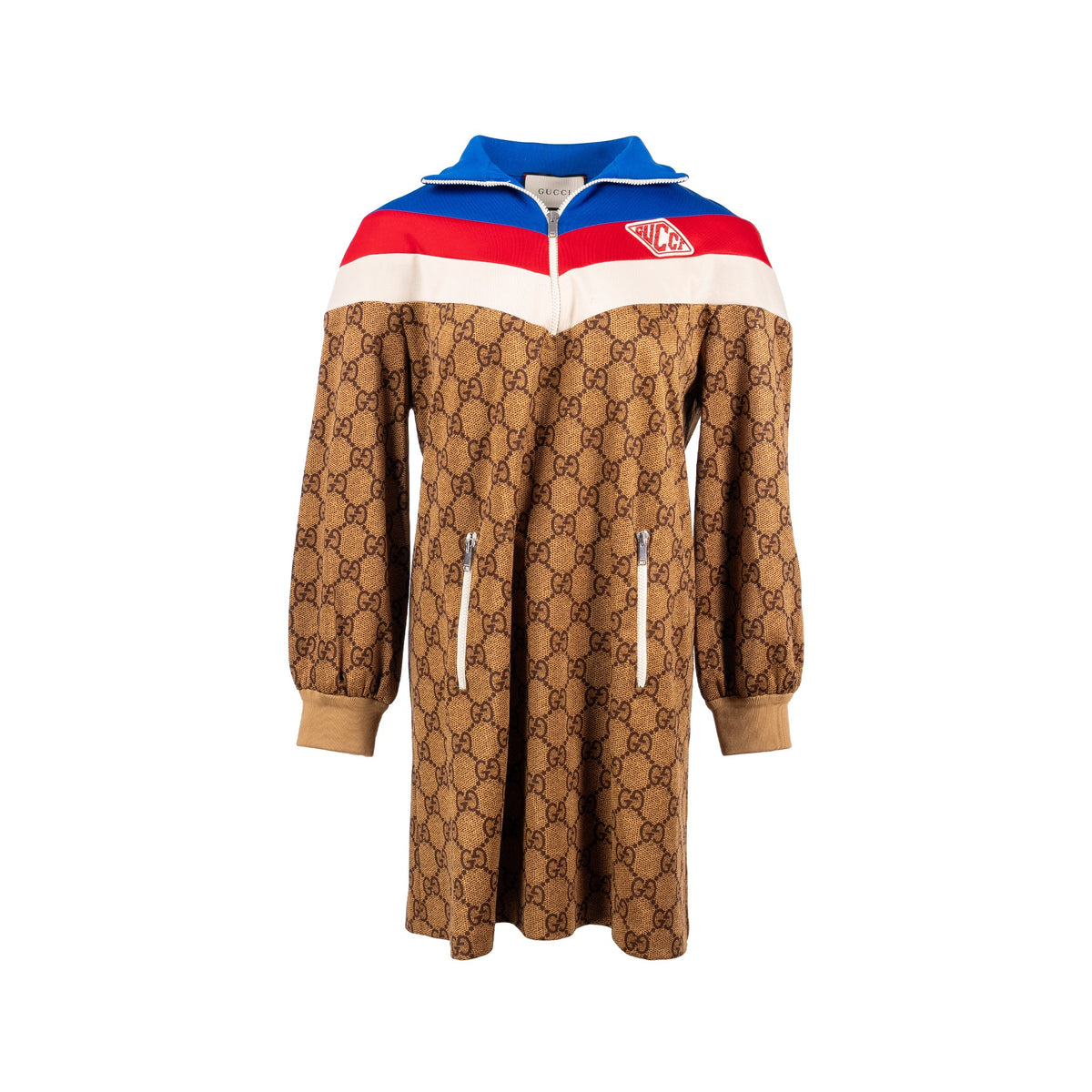 gucci-size-m-gg-logo-printed-jersey-jacket-dress-polyester-cotton-brown-multicolour