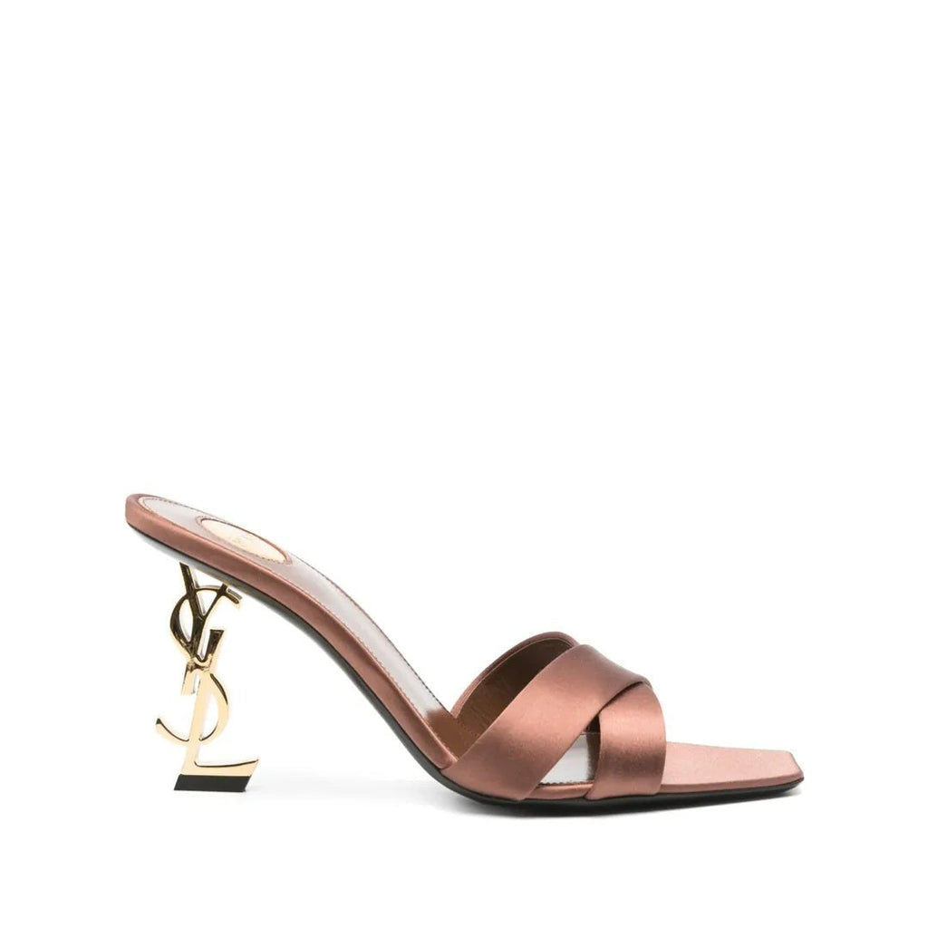 SAINT LAURENT OPYUM SCULPTURAL LOGO-HEEL SATIN SANDALS PINK & ROSE