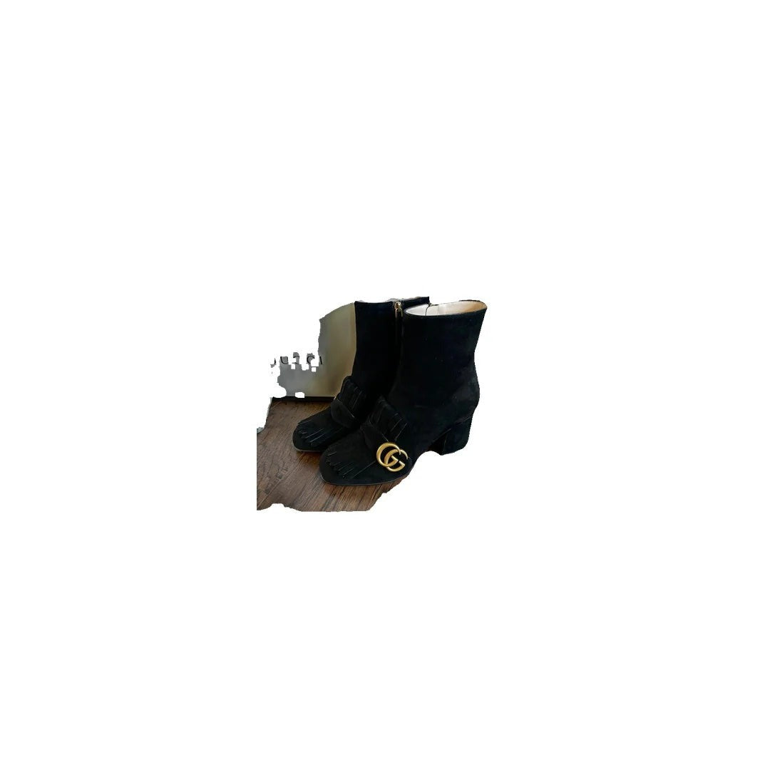GUCCI GG MARMONT FRINGE PLATFORM HIGH HEEL LOAFER PUMPS BLACK (BOOTS)