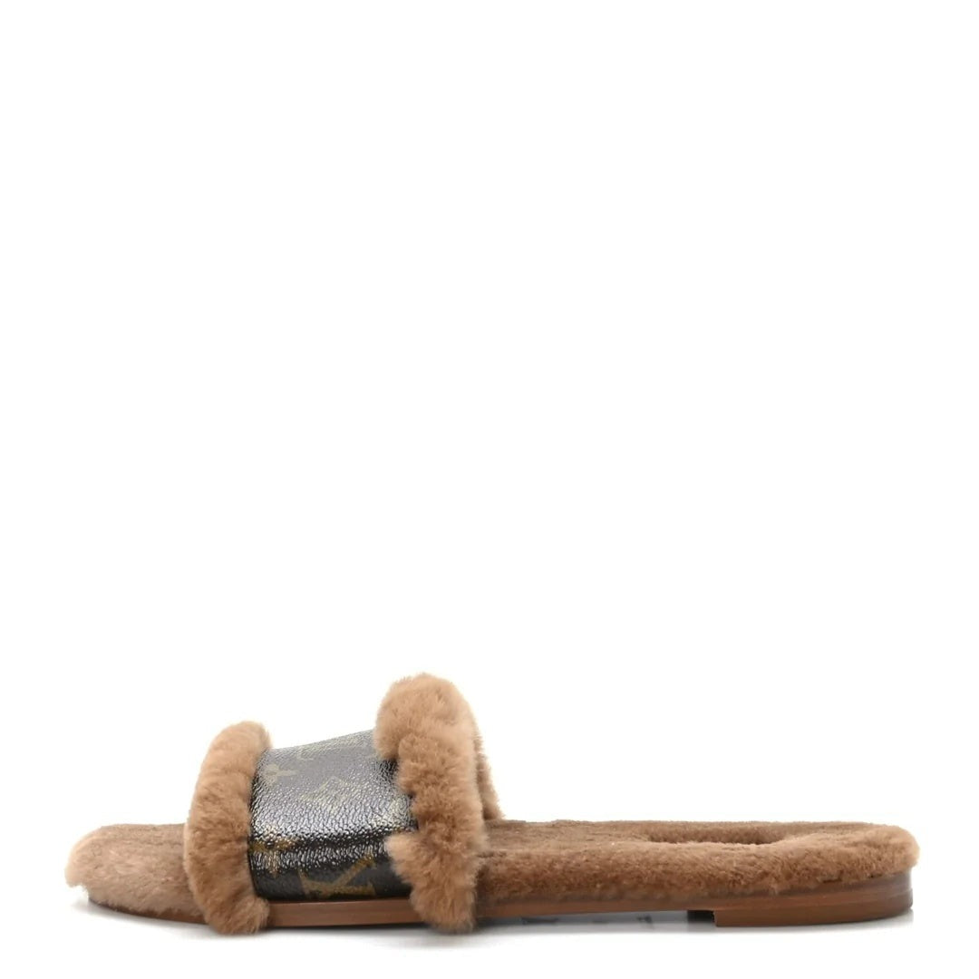 LOUIS VUITTON MONOGLAM LOCK IT FLAT MULE BROWN SHEARLING