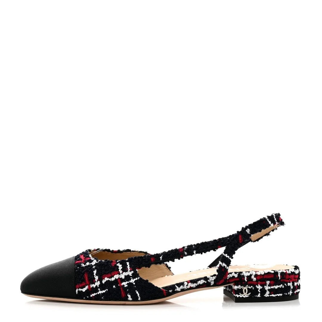 CHANEL TWEED GROSGRAIN CAP TOE CC SLINGBACK PUMP BLACK & RED & WHITE TWEED