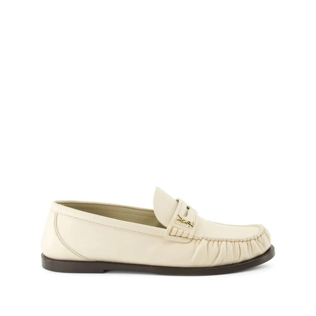 SAINT LAURENT LOGO-PLAQUE GATHERED LOAFERS CREAM & IVORY