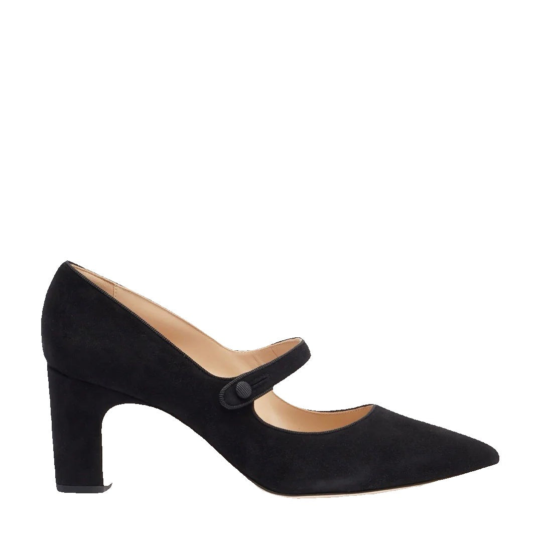 MANOLO BLAHNIK CAMPARIBA POINTED TOE MARY JANE PUMP BLACK SUEDE