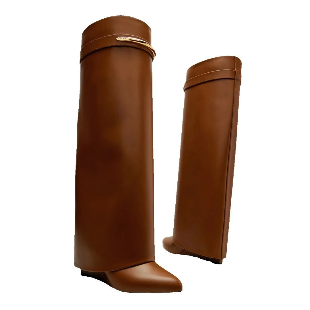 GIVENCHY SHARK PINCH LEATHER KNEE-HIGH BOOTS BROWN