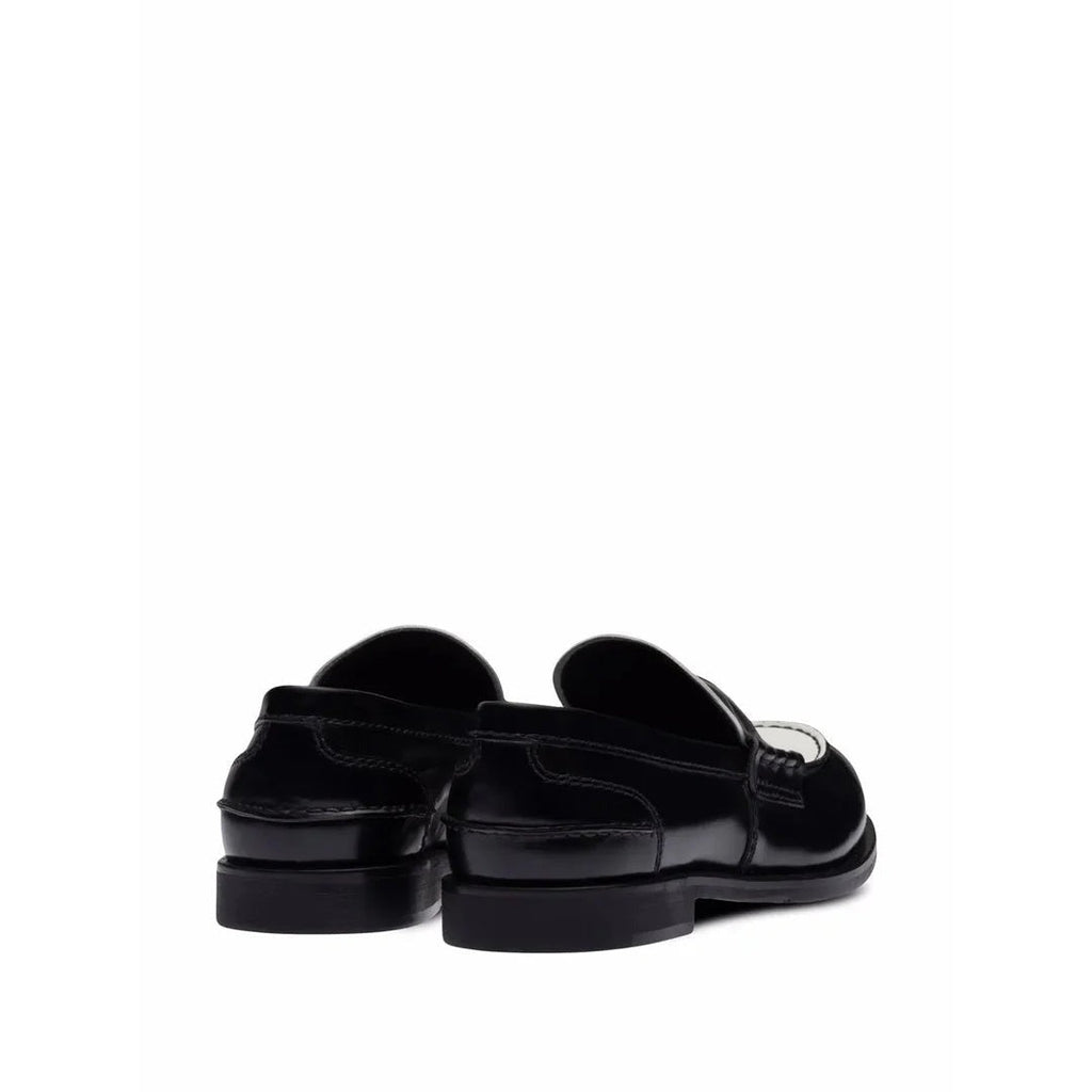 MIU MIU COGNAC WOVEN LEATHER PENNY LOAFERS BLACK AND WHITE
