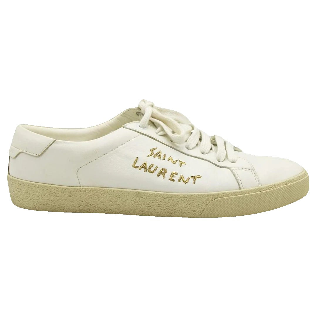 SAINT LAURENT CLASSIC SL/ EMBROIDERED SNEAKERS WHITE WITH GOLD EMBROIDERY