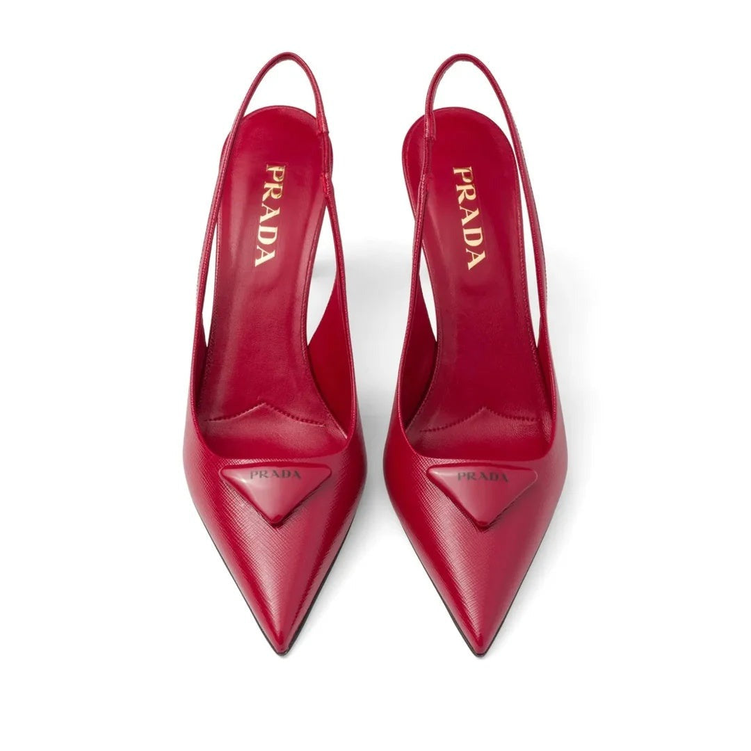 PRADA SPAZZOLATO TRIANGLE LOGO SLINGBACK PUMPS ANANAS RED